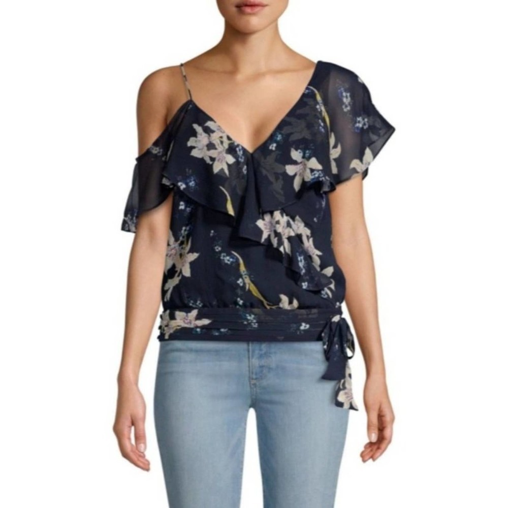 PAIGE Chereen Ruffle One-Shoulder Silk Ruffle Trim Flutter Sleeve Top Size Small